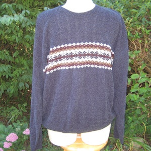 Slouchy boyfriend sweater, 70s 80s navy blue, gray white burgundy pullover sweater, Mens Ski Sweater, XL, gift for him, geometric snowflakes