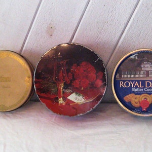 Vintage round metal tin box, red Christmas, Royal Dansk cobalt blue, beige Maramor Columbus, cookie candy tin, mid century 50s 60s