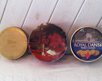 Vintage round metal tin box, red Christmas, Royal Dansk cobalt blue, beige Maramor Columbus, cookie candy tin, mid century 50s 60s