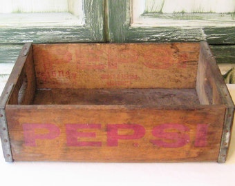Antique Pepsi Cola wood crate, soda pop crate box, rustic primitive, mid century, collectible solid wood bin, vintage advertising 40s 50s