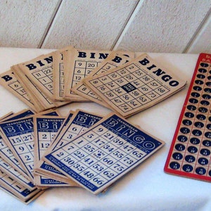 Vintage bingokaarten karton kobalt marineblauw wit, familiespelavond, knutselen voor herinneringsboeken collages, 4 x 6", midden van de eeuw 50s 60s