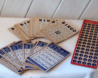 Vintage Bingo cards cardboard cobalt navy blue white, family game night, crafts for memory books collages, 4 x 6", mid century 50s 60s