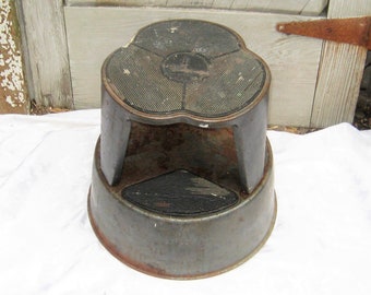 Rustic step stool, round metal step stool on wheels, Kik Step, made in Kansas USA, mid century 50s 60s rusty metal, retro primitive