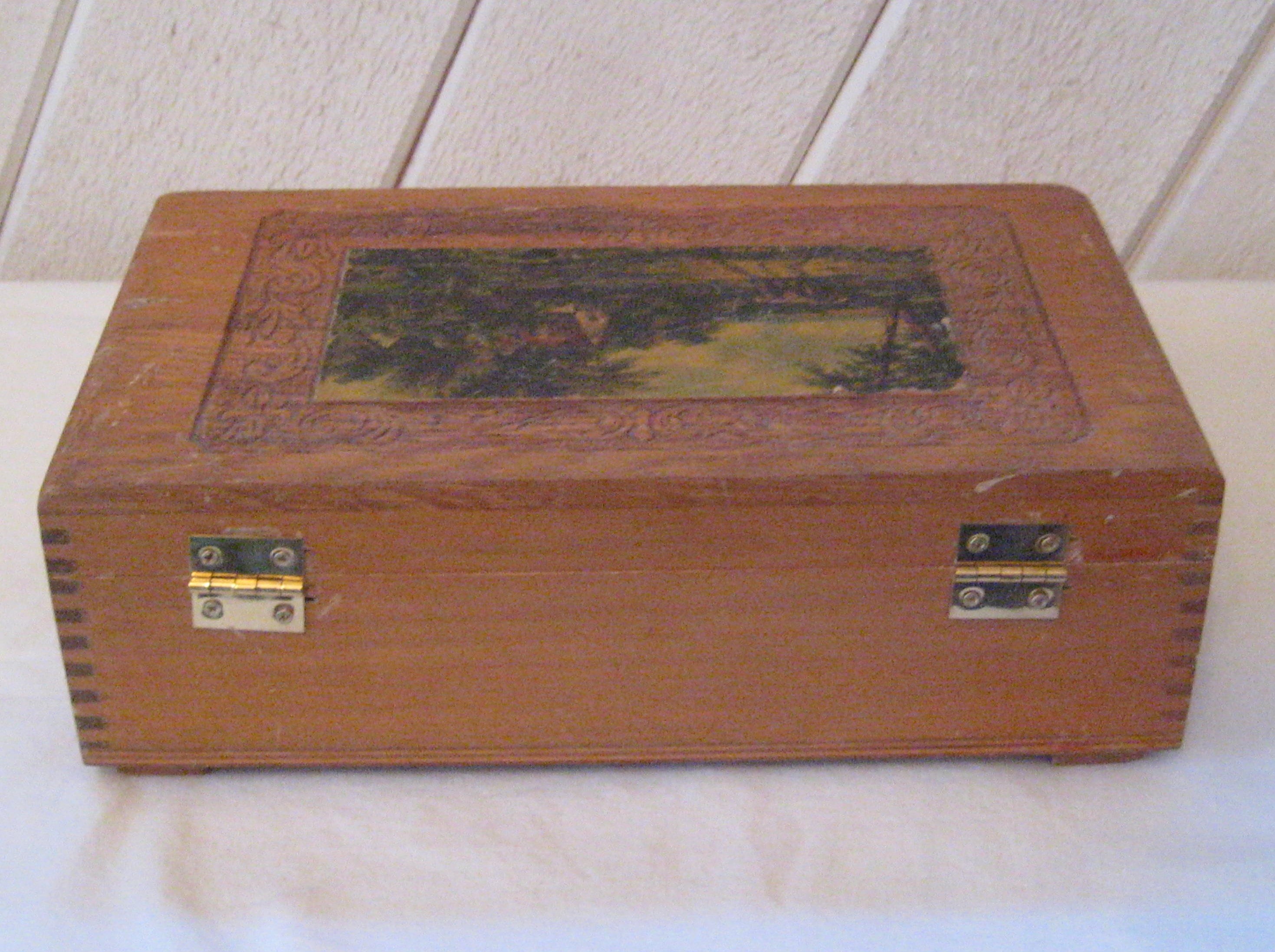 Vintage Wood Box, Hinged Lid, Dovetail Corners, Interior