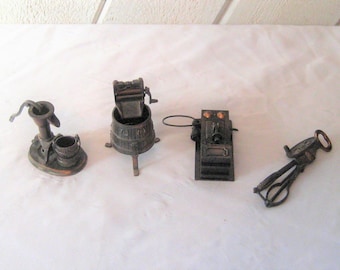 Miniature metal black egg beater, water pump, antique crank telephone, antique wash tub, doll house, fairy garden, 1970s