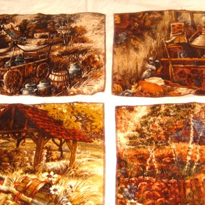 Vintage Set von 4 Samtpaneelen, alte Zeit Landszenen Tischsets, braun orange rost, Milchwagen Wunsch gut, Herbst Herbst Stoff Dekor
