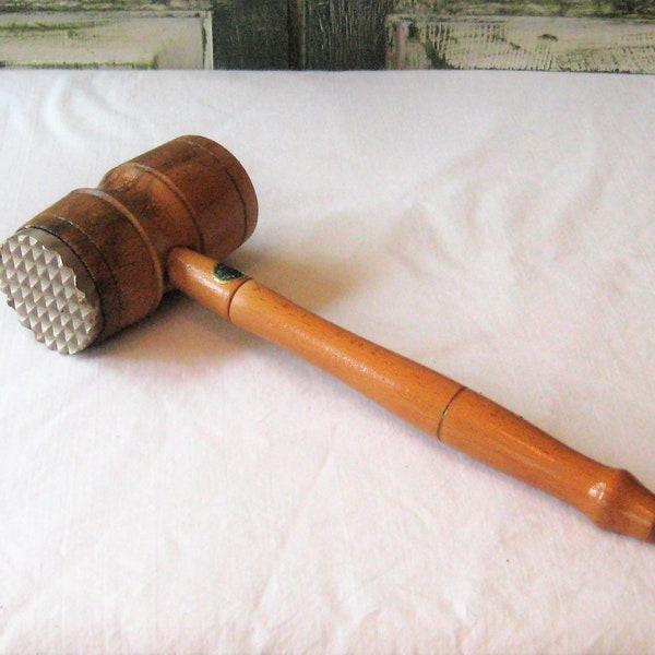 Vintage wood mallet meat tenderizer, gray metal end, rustic distressed cooking utensil 50s 60s mid century, kitchen decor, meat hammer