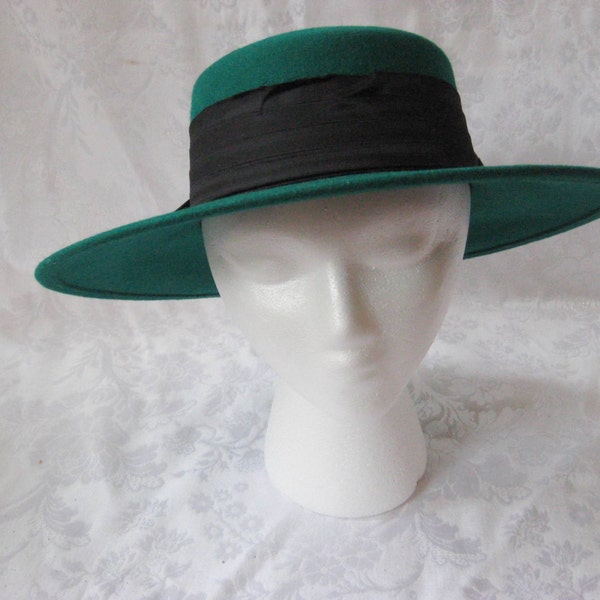 Vintage green wide brim felt hat, wool felt hat, large bow hat, Jean Arlett hat, formal hat, Sunday church hat