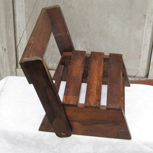 Vintage wood childs stool seat, folding carrying stool, wooden slats, kids children low chair, dark brown wood solid heavy sturdy 80s 90s