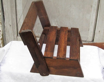 Vintage wood childs stool seat, folding carrying stool, wooden slats, kids children low chair, dark brown wood solid heavy sturdy 80s 90s
