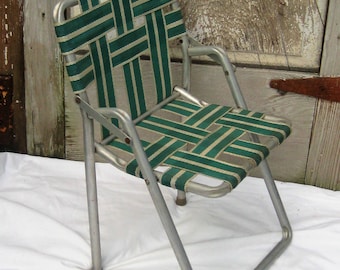 Vintage MCM childs lawn chair, green beige webbing, kids outdoor garden patio chair, mid century 50s 60s, gray aluminum metal frame