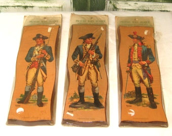 Vintage set of 3 wood plaques, Frederick Elmiger, Revolutionary War, NOS mint condition in packaging, Americana wall hanging decor 1950s