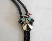 Vintage Kachina doll bolo tie, turquoise onyx mother of pearl coral silver, southwest Native American tarnished silver 1970s, gift for him