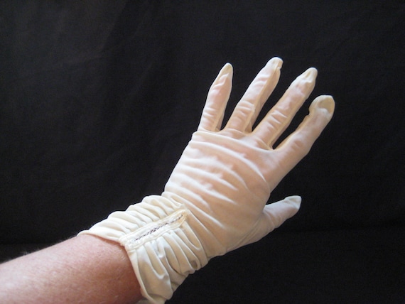 Ivory sheer nylon summer gloves, ruffled hem, dec… - image 1