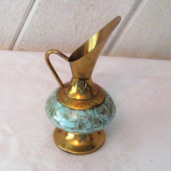 Vintage brass glass bud vase, gold seafoam green, swirled pattern, petite small metal decorative pitcher with handle, vintage brass decor