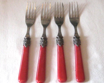 Vintage set of four forks, red iridescent plastic handles, silver stainless steel, decorative flatware, 1970s