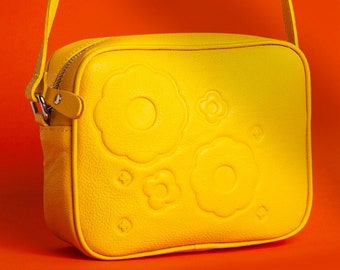 Unique Statement Handmade Leather Shoulder Strap Bag with Flower Embossing. Quiero June