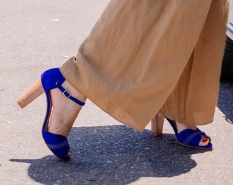 Charo Blue. Royal blue suede leather t-strap woman shoes. To dance or wear. Made in Argentina