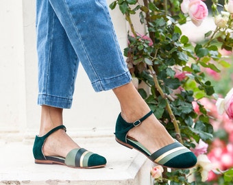 Felipa Green - Handmade flat sandal in green suede, gold and green leather - Made in Argentina