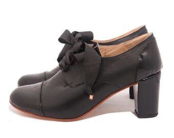 Oxford Black (hh) - Leather Oxford shoes in high heel black leather and black patent - Handmade in Argentina