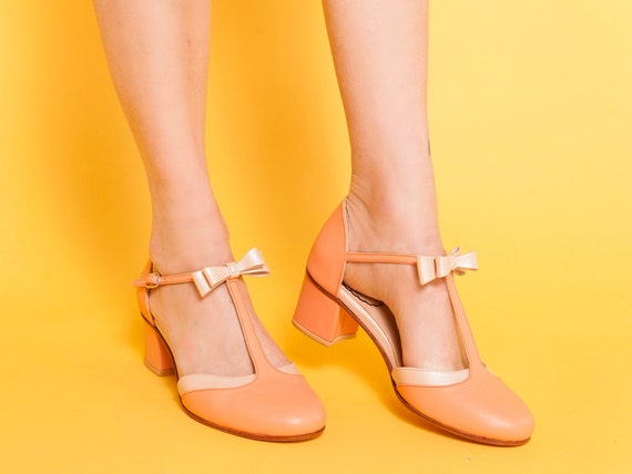 Loisa taco medio Sandalias en cuero coral y nude. - Etsy España