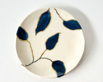 Handmade Porcelain Ring Dish: White, Blue and gold. Handmade in California