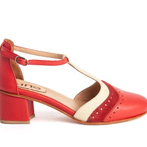 Handmade leather woman shoes in medium heel in red and cream Made in Argentina Red Ivy image 3