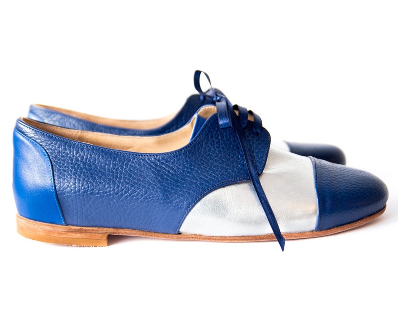Oxford Blue Leather Flats Woman Flat Shoes Handmade by Etsy