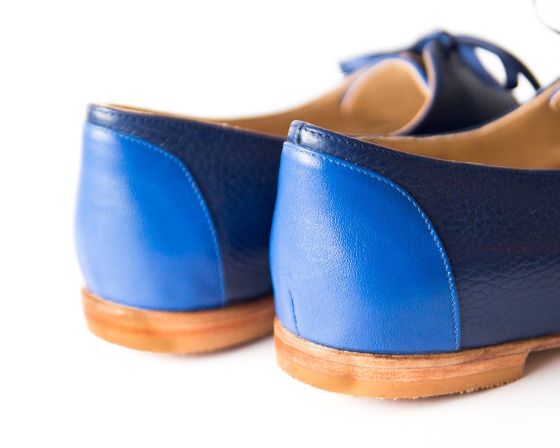 Oxford Blue Leather Flats Woman Flat Shoes Handmade by Etsy