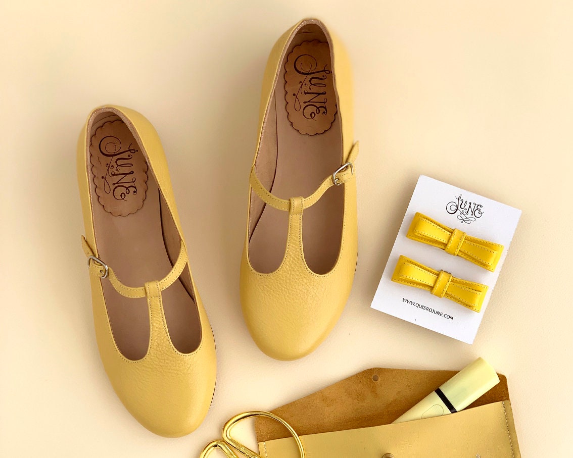 Siena Yellow Flat Mary Jane Leather Shoes in Yellow -