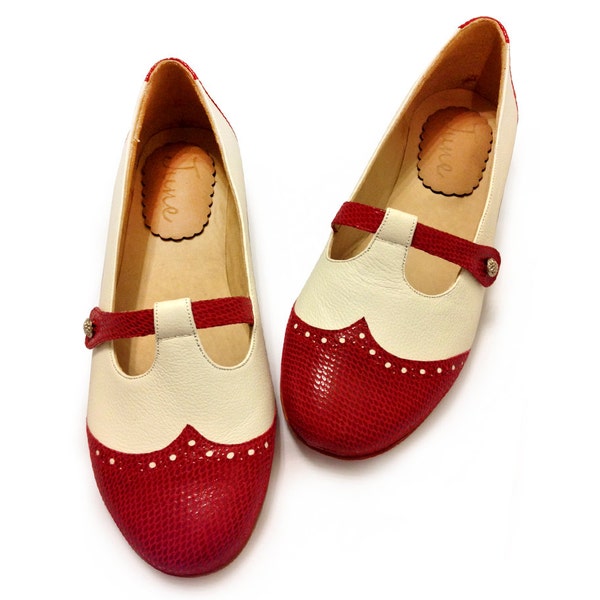 Dotty Red - Red and white flat leather shoes