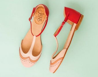 Handmade Leather Mary Jane Sandals, Pink & Red, Retro T-Strap, Size 10