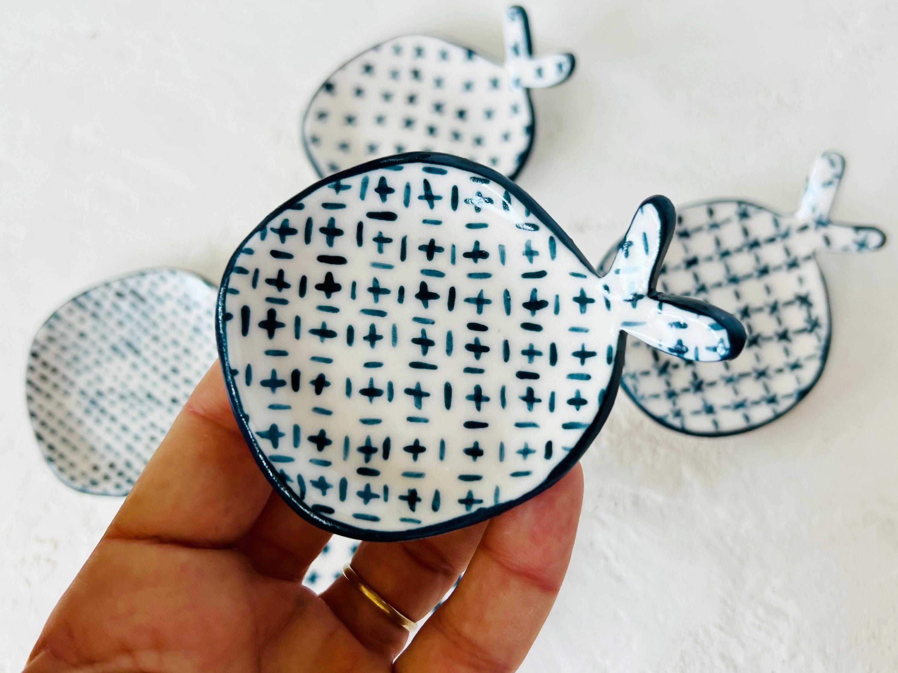 Handmade Porcelain Tiny Dish: White and Blue. Shashiko style. Handmade in California
