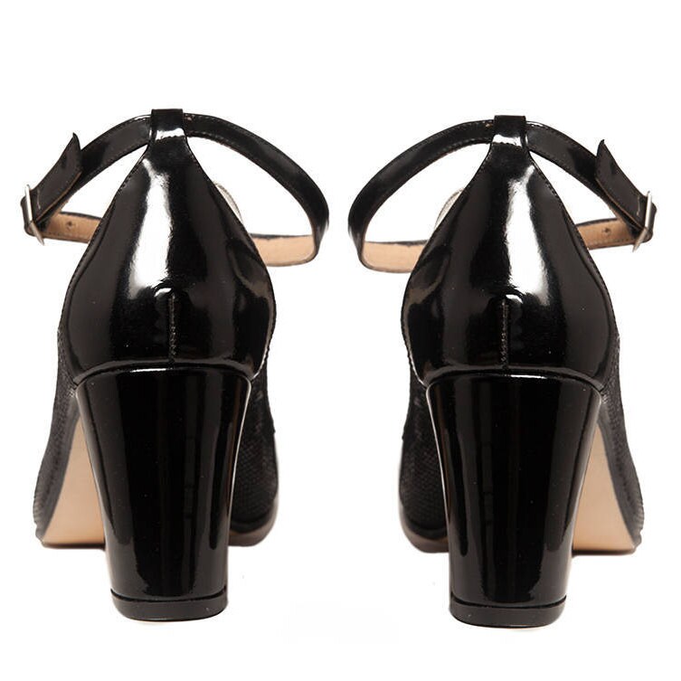 Vintage Style T-strap Shoes. Women Black Leather and Patient Vintage Style T-strap Shoes. Women Black Leather and Patient