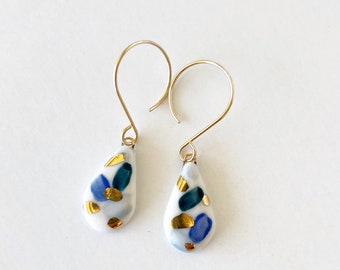 Handcrafted Porcelain Droplet Earrings in white, blue and gold. Porcelain jewelry Handmade in San Diego