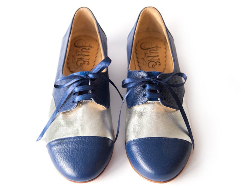Oxford Blue Leather Flats Woman Flat Shoes Handmade by Etsy