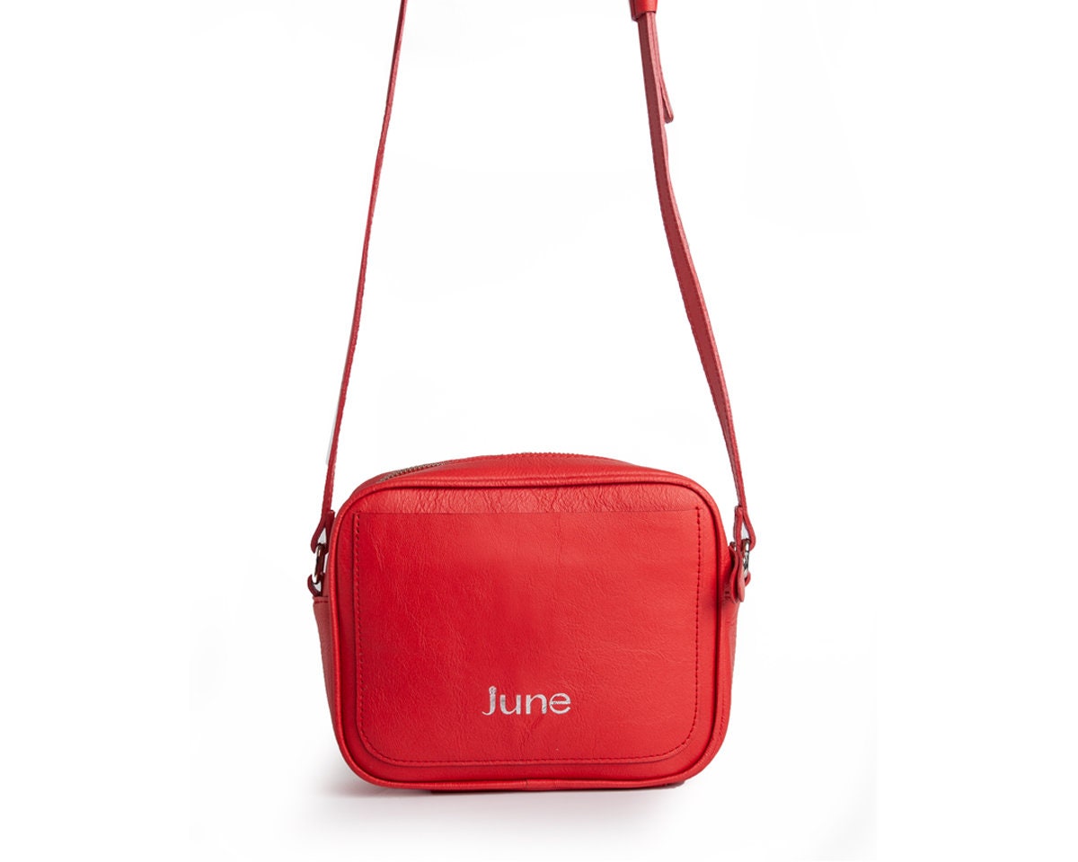 June Red Crossbody Handbag - Pebbled Full Grain Cowhide Leather, Adjustable Strap, Multiple Pockets - View #12