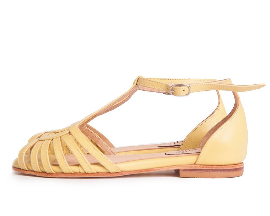 Bianca Yellow Leather Flat Sandal in Yellow. Handmade in - Etsy
