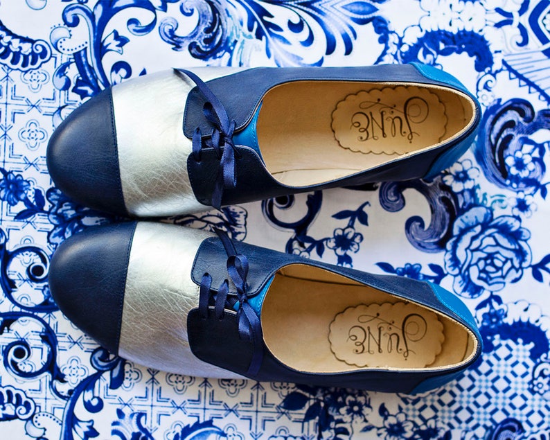 Oxford blue Leather flats Woman flat shoes Handmade by Quiero June image 1