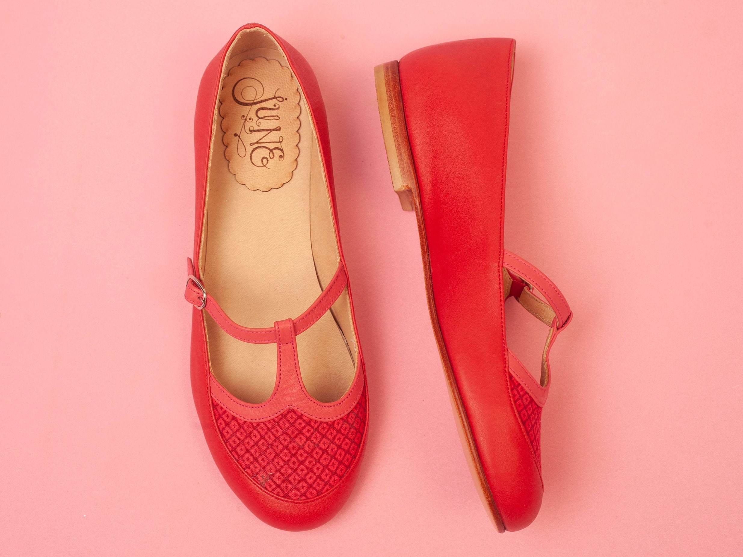 Lucca Red Flat Leather Shoes in Pink and Red Handmade T strap