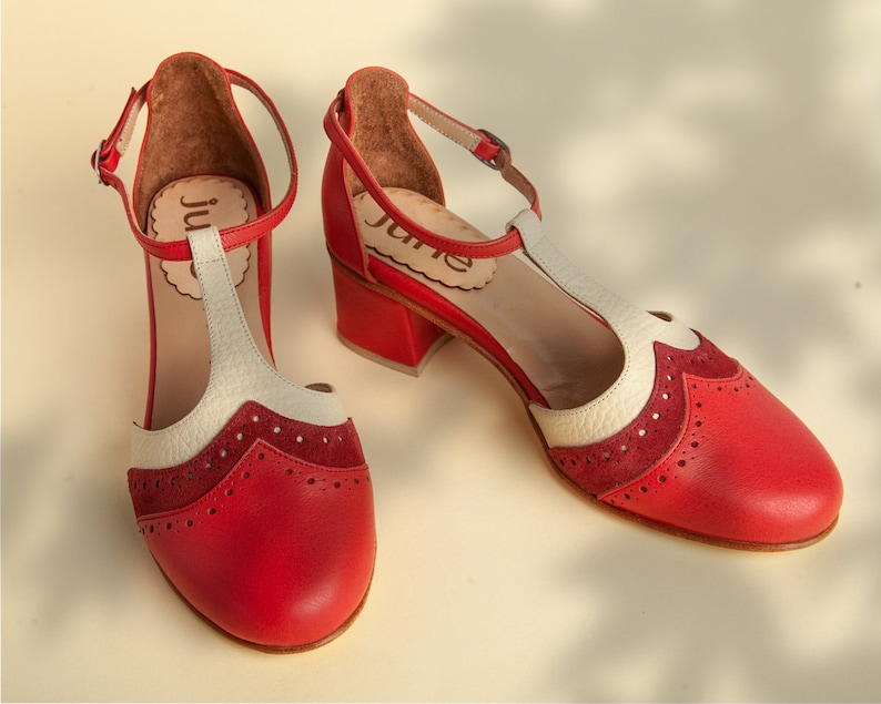 Handmade leather woman shoes in medium heel in red and cream Made in Argentina Red Ivy image 1