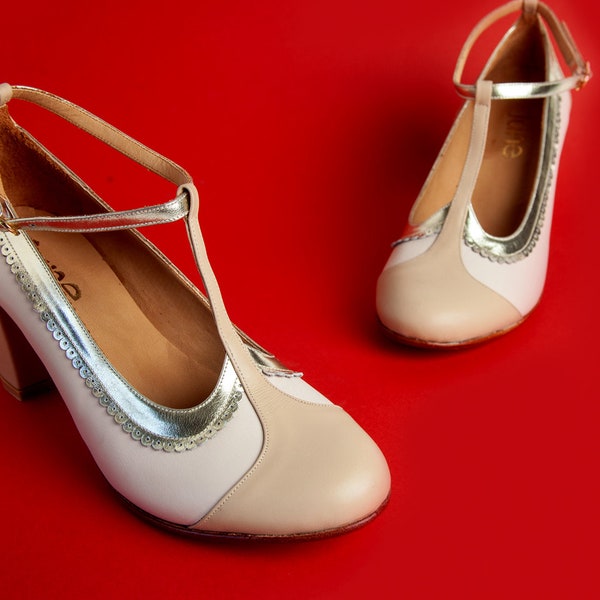 Zapatos de tacón de cuero con tira en T de estilo vintage: Zapatos de tacón de bloque hechos a mano