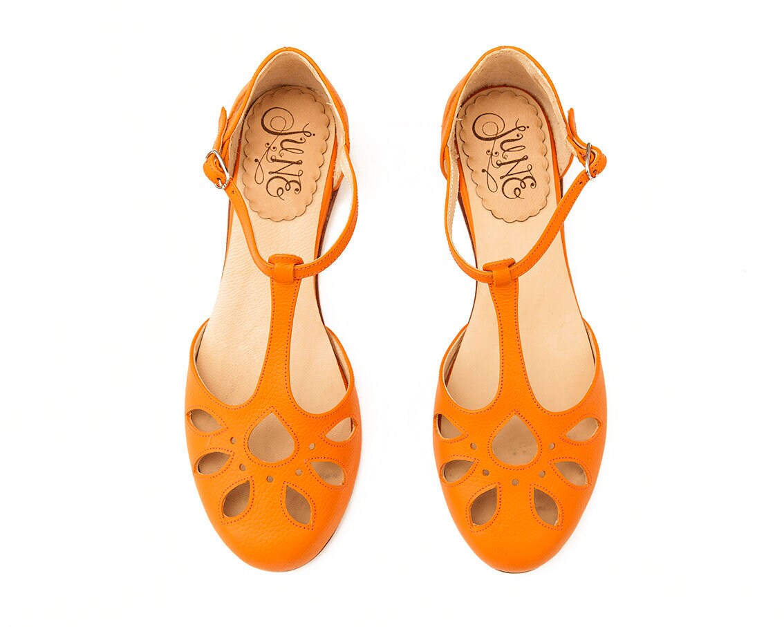Erin Orange Leather Mary Jane Flat Sandal in Orange. | Etsy
