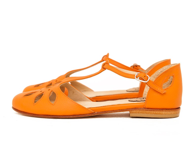 Erin Orange Leather Mary Jane Flat Sandal in Orange. | Etsy