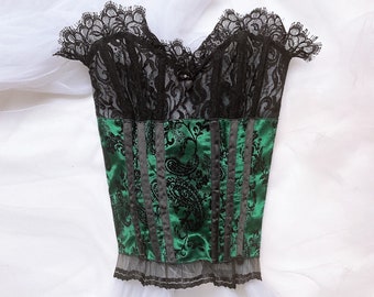 Vintage Shirley de Hollywood corsé de satén de encaje negro Bustier