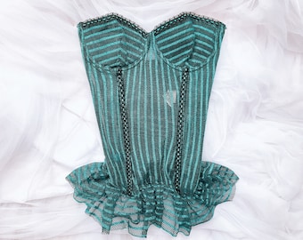 Haut corset en maille turquoise sans bretelles à rayures et volants vintage des années 2000 Large