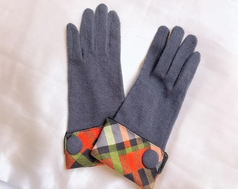 Gants boutonnés en laine gris vintage à carreaux