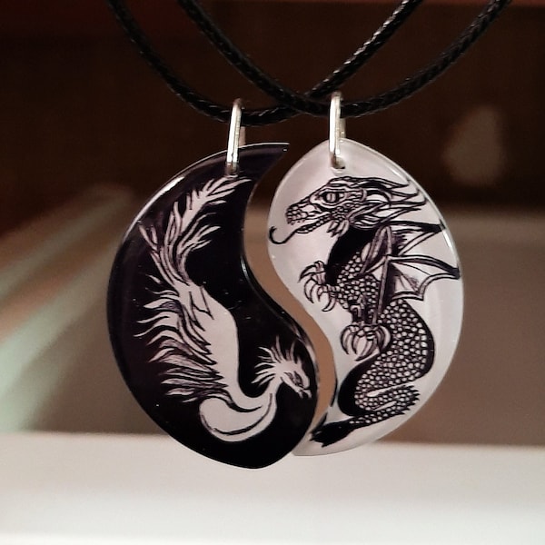 Phoenix and Dragon Friendship Necklaces, Wedding gift, couples necklaces, Anniversary Jewelry, Friendship jewelry, Yin Yang , Unisex, BFF