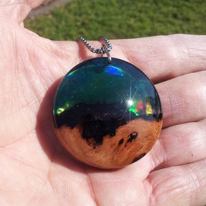 Aurora Necklace made from burl wood and resin, beautiful colours, recycled wood necklace, designer jewelry, northern lights, southern lights