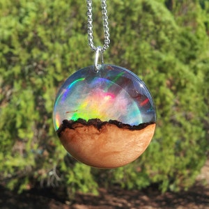 Aurora Necklace made from burl wood and resin, beautiful colours, recycled wood necklace, designer jewelry, northern lights, southern lights